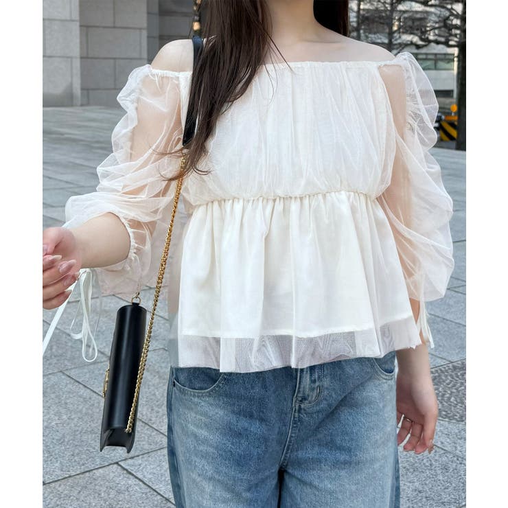 オフショルドロストチュールブラウス | JUNOAH | 詳細画像1 