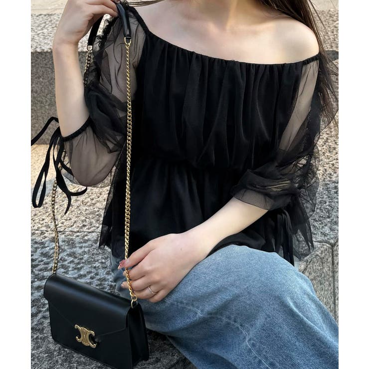 ブラック | オフショルドロストチュールブラウス | JUNOAH