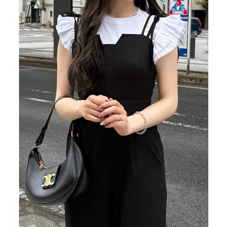 ブラック | リネン混ショルダーリボンデザインオールインワン | JUNOAH