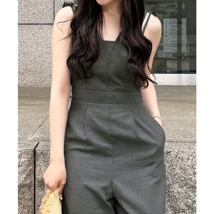 チャコール | リネン混ショルダーリボンデザインオールインワン | JUNOAH