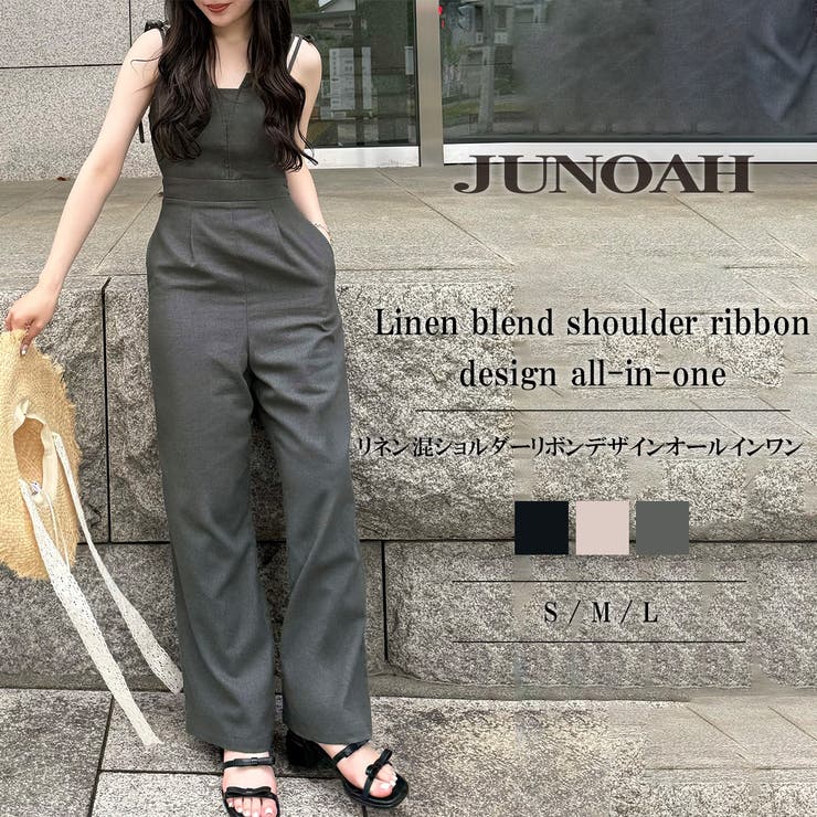 リネン混ショルダーリボンデザインオールインワン | JUNOAH | 詳細画像1 
