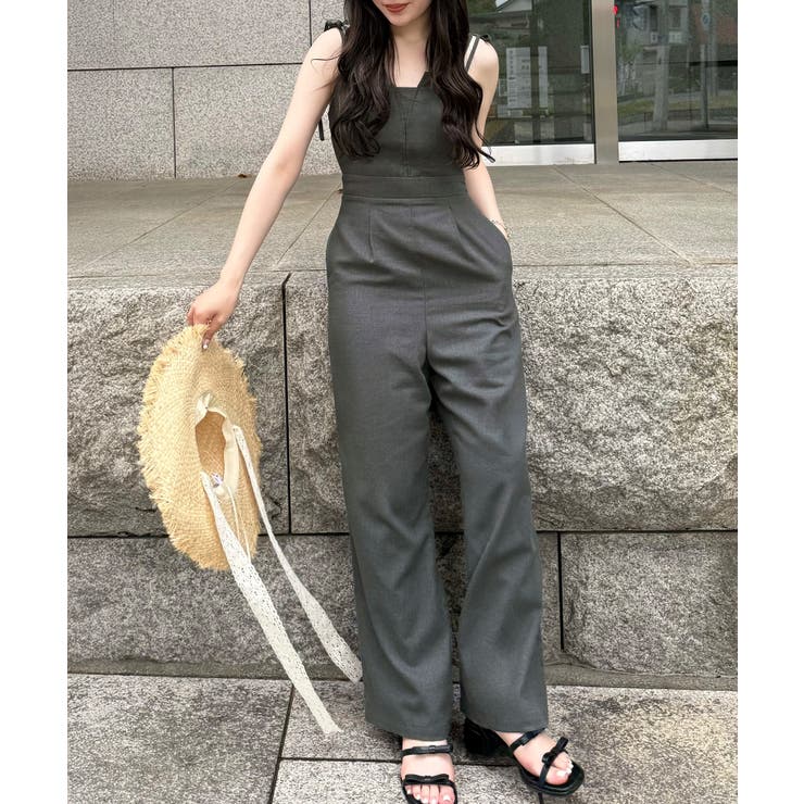 リネン混 シャンブレー オールインワン Deux Allures/ドゥ アリュール】シャンブレーオールインワン