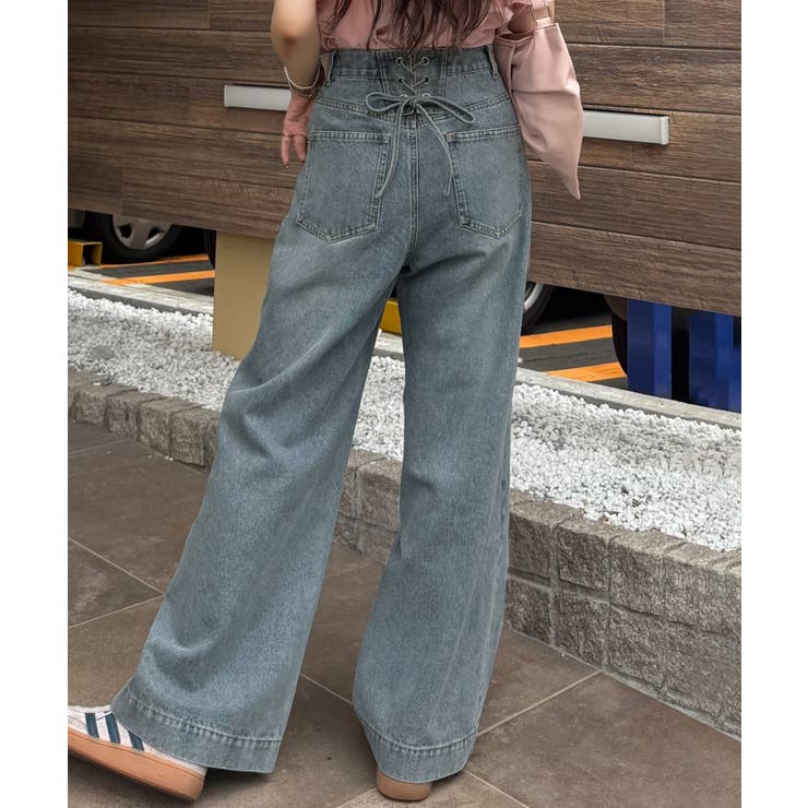 ライトブルー | バックレースアップデニムワイドパンツ | JUNOAH