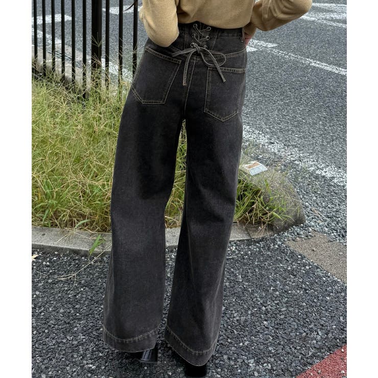 ブラック | バックレースアップデニムワイドパンツ | JUNOAH