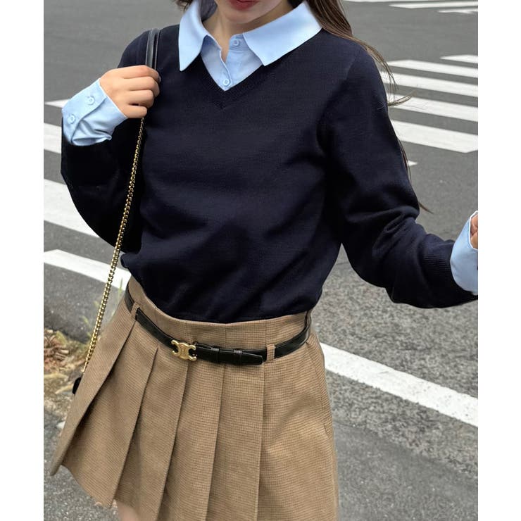 Chico 5分袖刺繍入り襟付きポロニット/ニットウエストリボンプリーツ