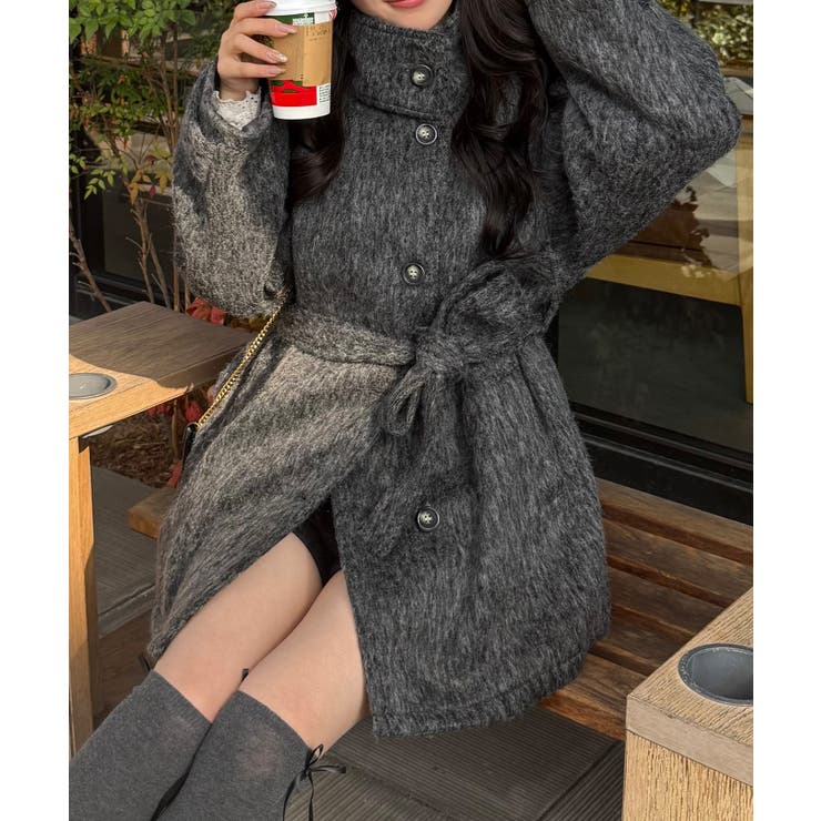 ダークグレー | ベルト付きシャギーミドルコート | JUNOAH