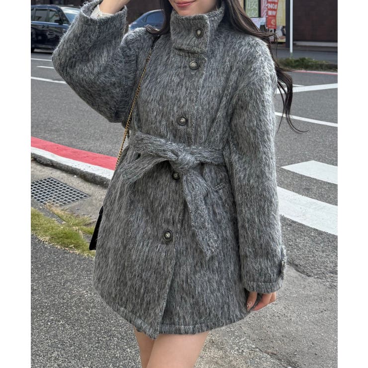 ライトグレー | ベルト付きシャギーミドルコート | JUNOAH