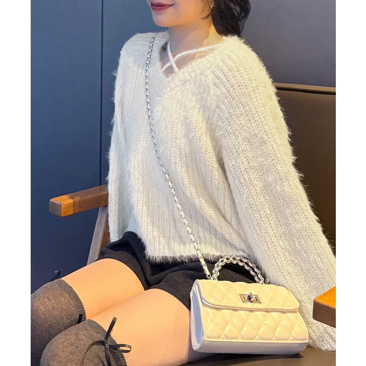 クロスデザインショート丈シャギーニット | JUNOAH | 詳細画像1 