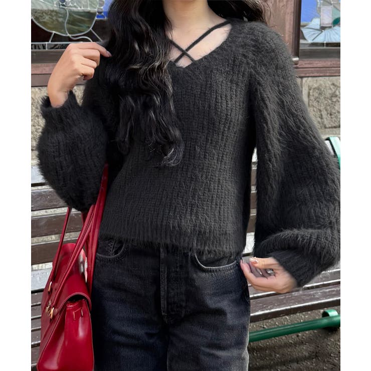 チャコール | クロスデザインショート丈シャギーニット | JUNOAH