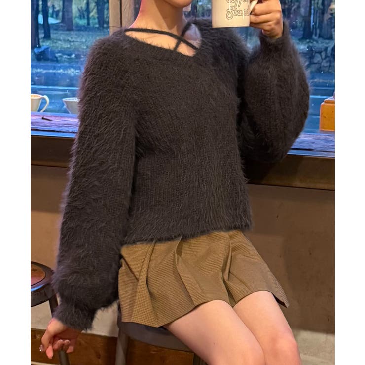 ブラウン | クロスデザインショート丈シャギーニット | JUNOAH