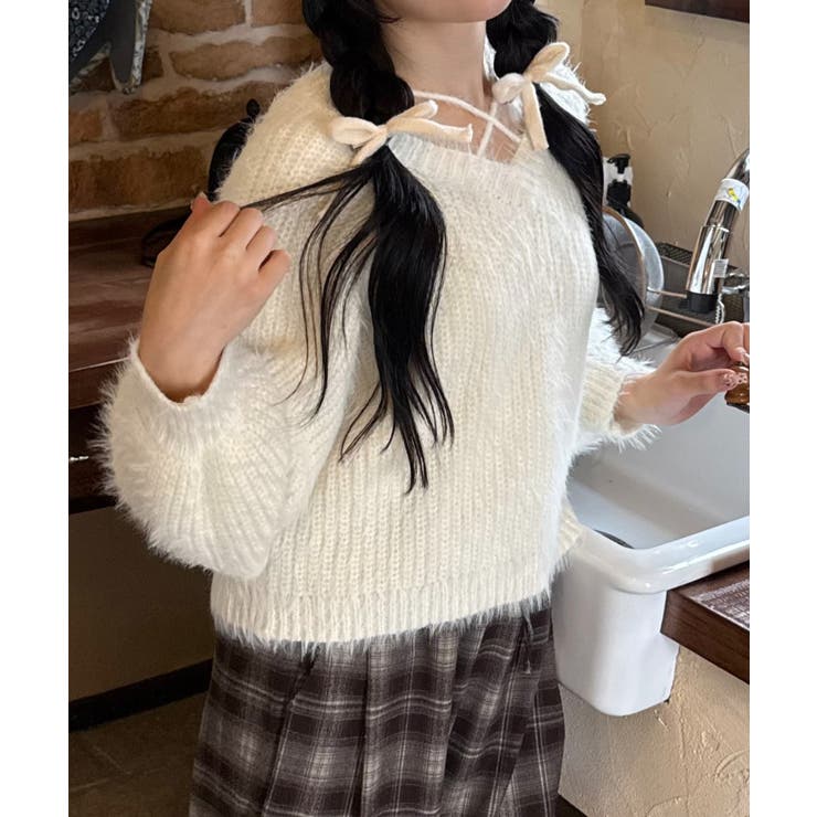 クロスデザインショート丈シャギーニット | JUNOAH | 詳細画像3 