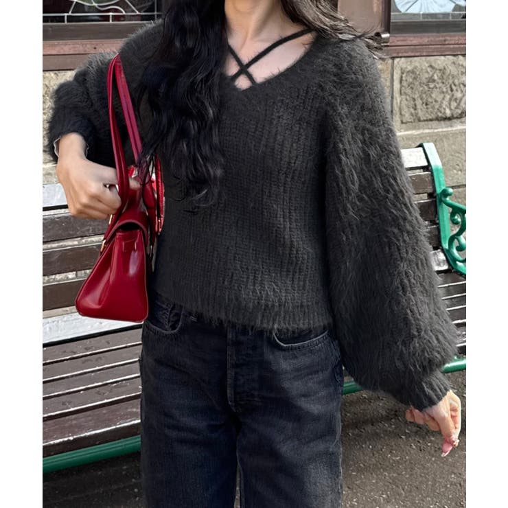 クロスデザインショート丈シャギーニット | JUNOAH | 詳細画像5 