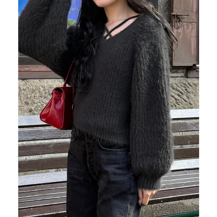 クロスデザインショート丈シャギーニット | JUNOAH | 詳細画像6 