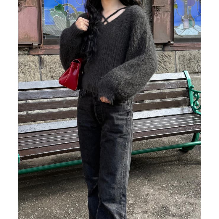 クロスデザインショート丈シャギーニット | JUNOAH | 詳細画像7 