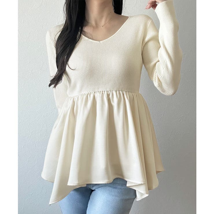 アイボリー | 2wayランダムサテンペプラムコンビニットトップス | JUNOAH