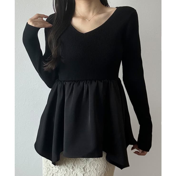 ブラック | 2wayランダムサテンペプラムコンビニットトップス | JUNOAH