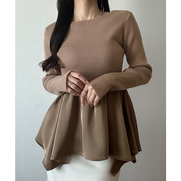 モカ | 2wayランダムサテンペプラムコンビニットトップス | JUNOAH