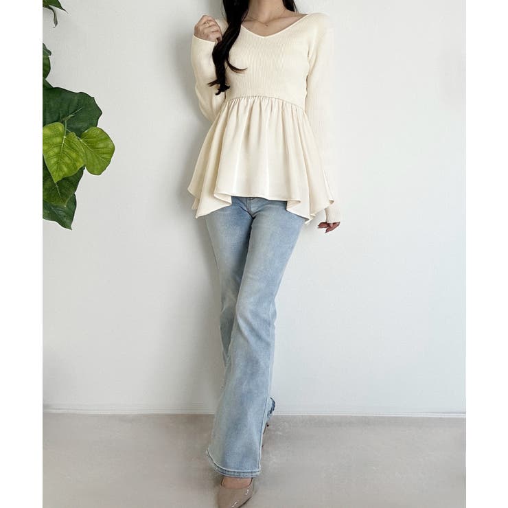 2wayランダムサテンペプラムコンビニットトップス | JUNOAH | 詳細画像4 