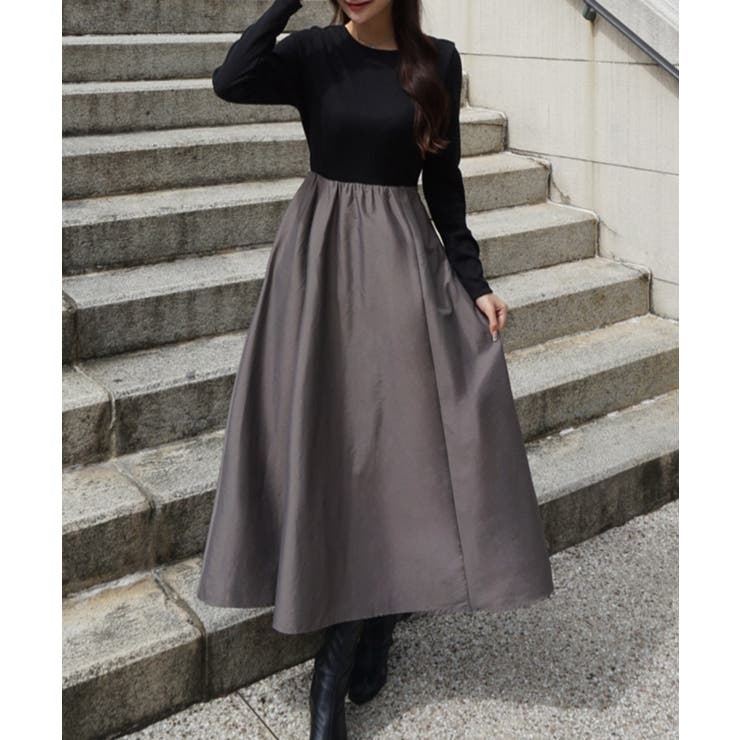 チャコール | 異素材ドッキングバックオープンワンピース | JUNOAH