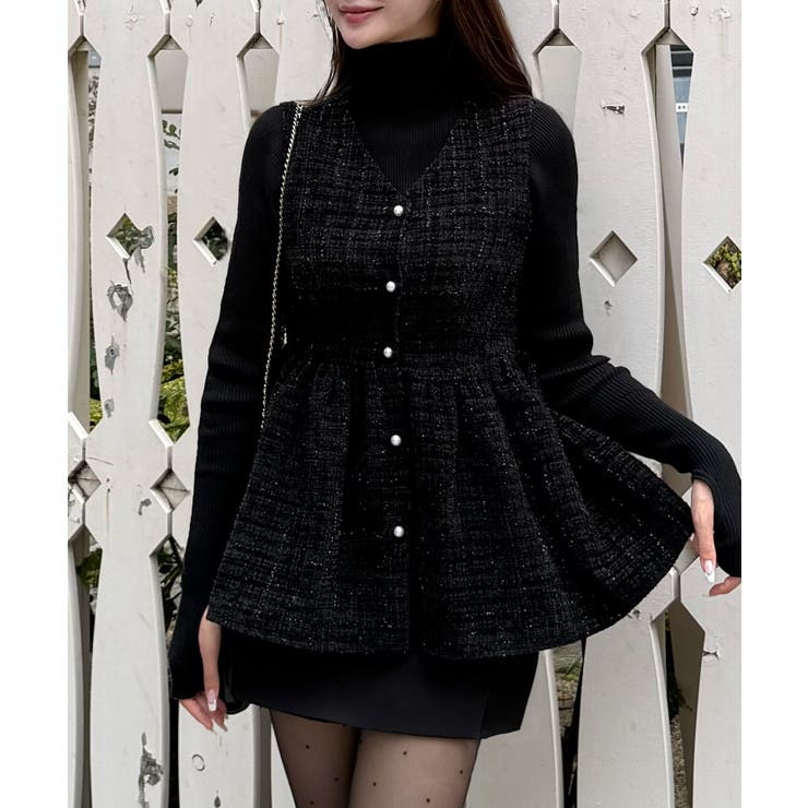 ブラックA | パール釦ツイードペプラムトップス | JUNOAH