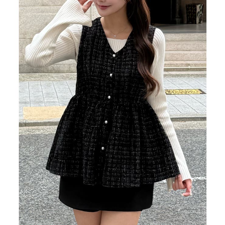 ブラックB | パール釦ツイードペプラムトップス | JUNOAH