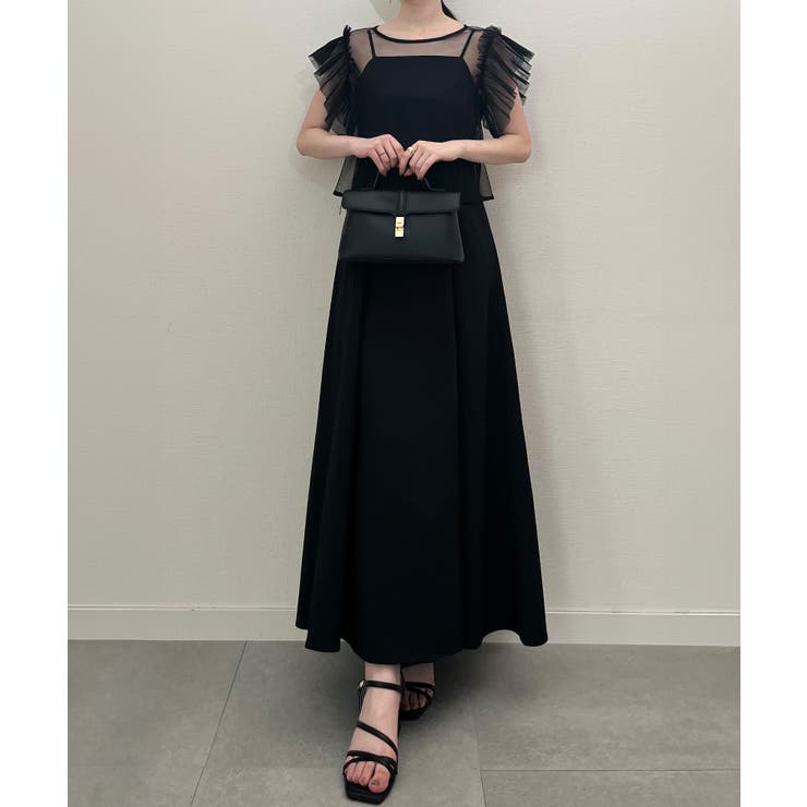 【美品】コーデ売り♡フレア キャミワンピース＆リブ フリルノースリーブトップス 前後2wayフリルスリーブチュールトップス+フレアキャミ