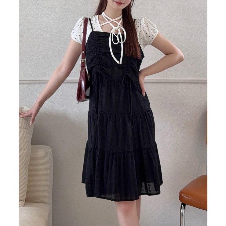 ブラック | 綿レースドロストミニワンピース | JUNOAH