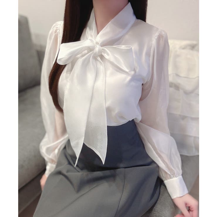 ホワイト | 2wayリボンオーガンジーパール釦ブラウス | JUNOAH