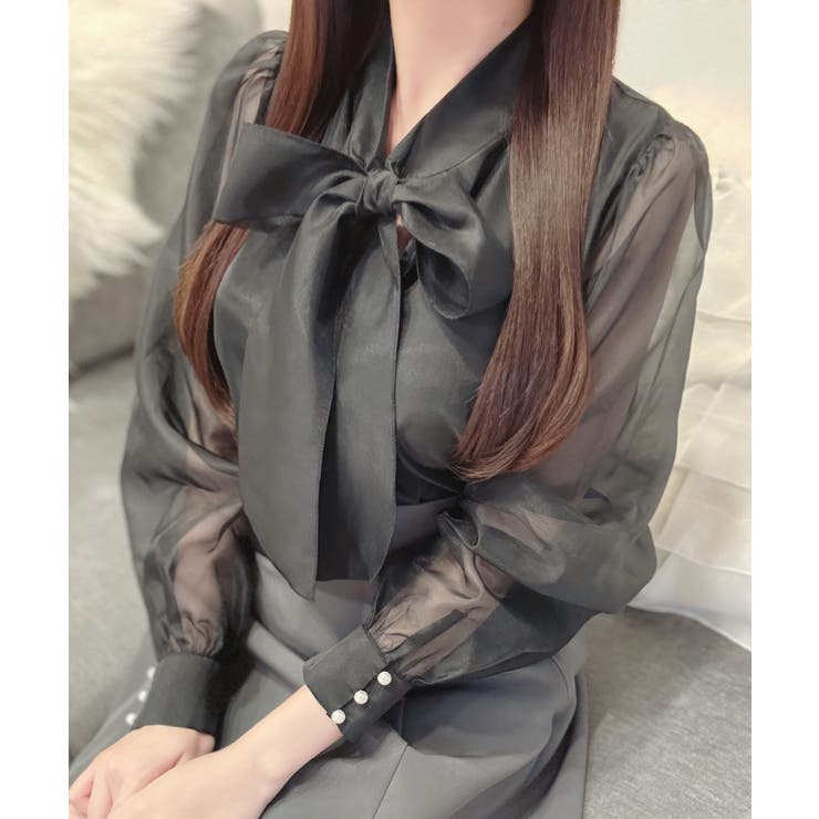 ブラック | 2wayリボンオーガンジーパール釦ブラウス | JUNOAH