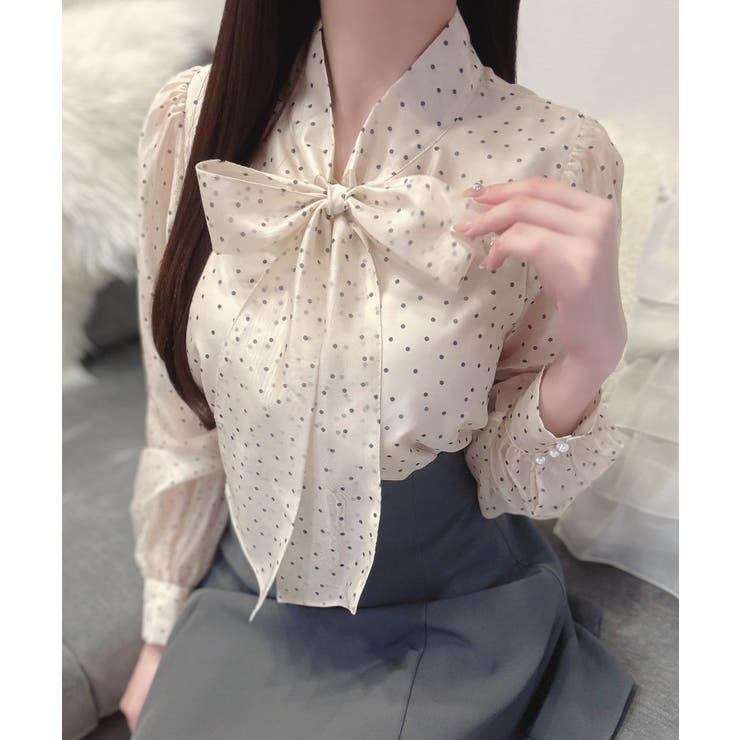 アイボリー | 2wayリボンオーガンジーパール釦ブラウス | JUNOAH