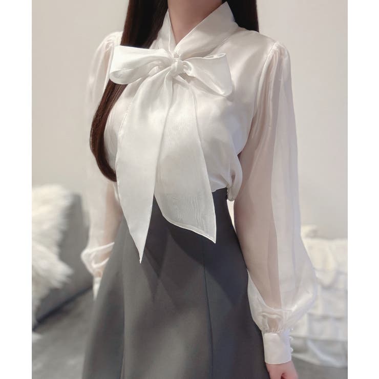 2wayリボンオーガンジーパール釦ブラウス | JUNOAH | 詳細画像4 