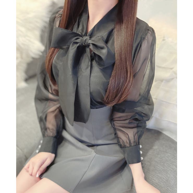 2wayリボンオーガンジーパール釦ブラウス | JUNOAH | 詳細画像7 