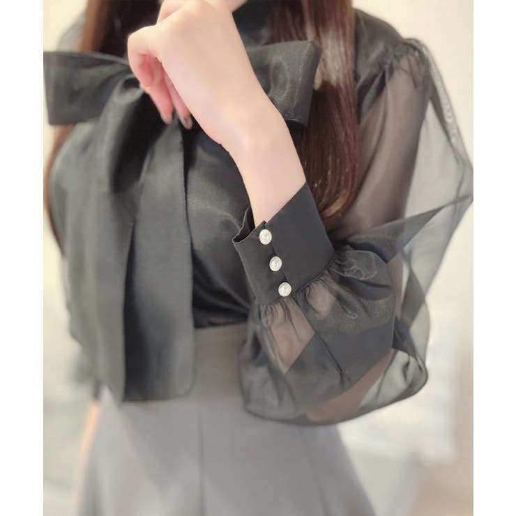 2wayリボンオーガンジーパール釦ブラウス | JUNOAH | 詳細画像8 