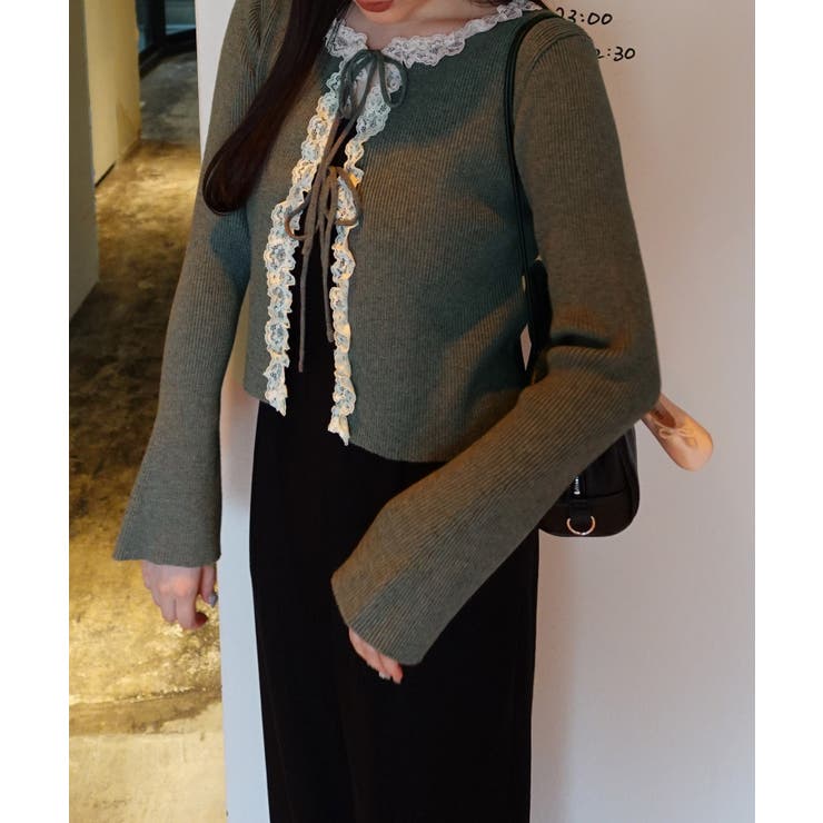 レースフリルリブニットカーディガン | JUNOAH | 詳細画像10 