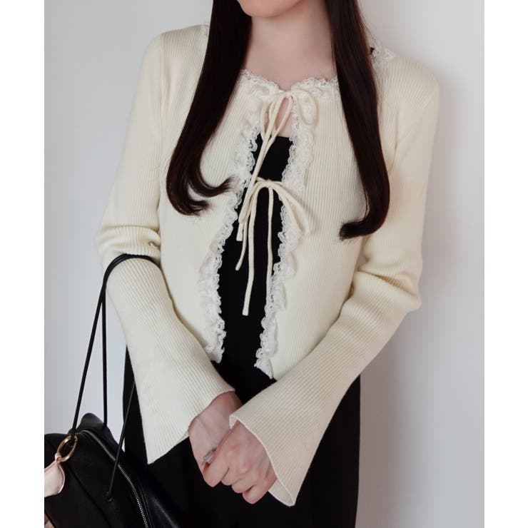 アイボリー | レースフリルリブニットカーディガン | JUNOAH