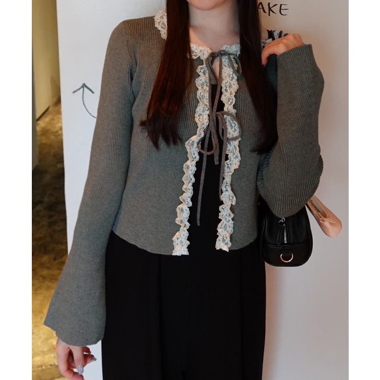 チャコール | レースフリルリブニットカーディガン | JUNOAH