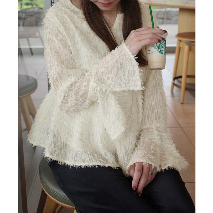 フリンジジャガードベルスリーブペプラムブラウス | JUNOAH | 詳細画像1 