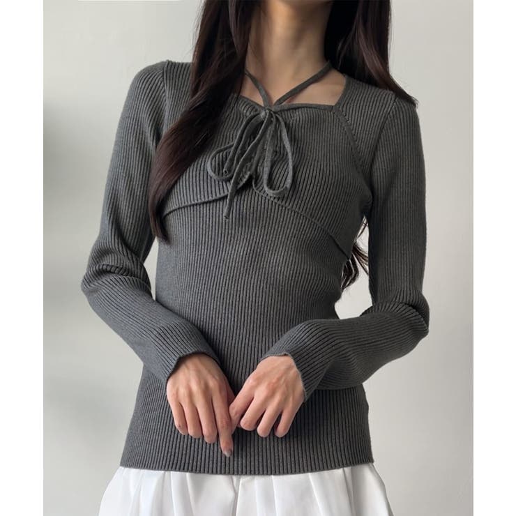 チャコール | ビスチェリボンホルターニット | JUNOAH