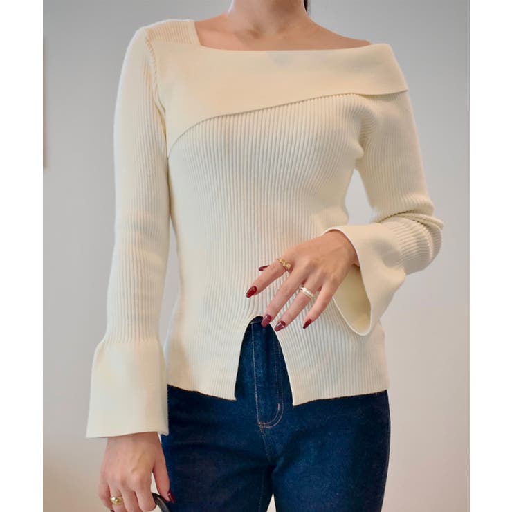 アイボリー | 2wayワンショルフロントスリットリブニット | JUNOAH