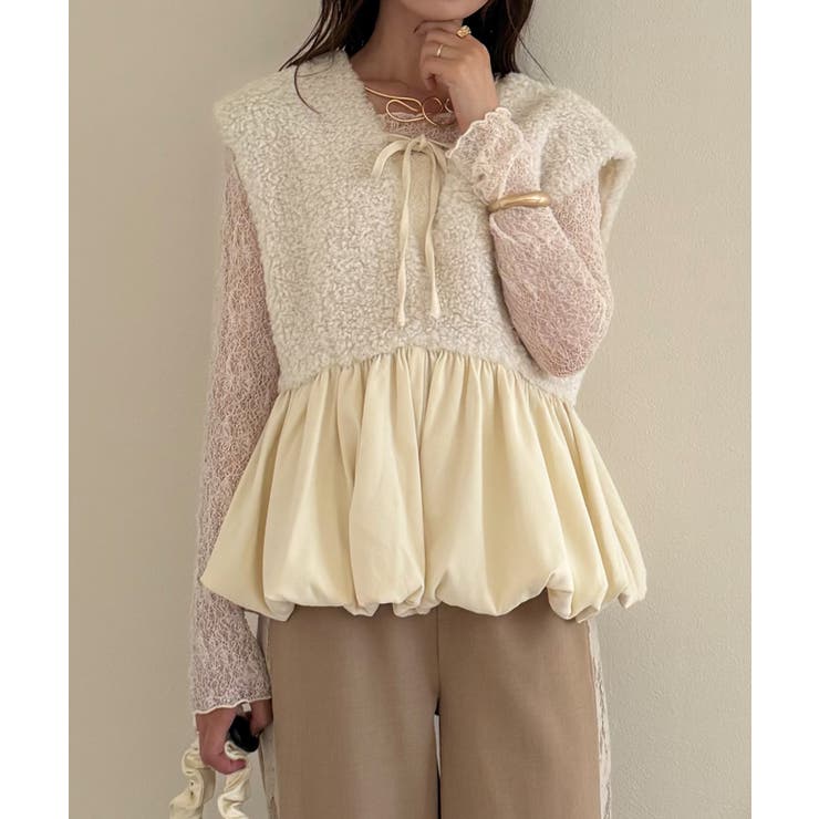 アイボリー | 前後2wayボアバルーンペプラムベスト | JUNOAH