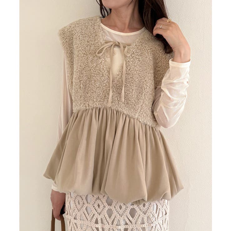 ベージュ | 前後2wayボアバルーンペプラムベスト | JUNOAH