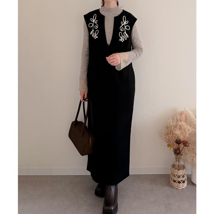 コード刺繍キーネックワンピース | JUNOAH | 詳細画像1 