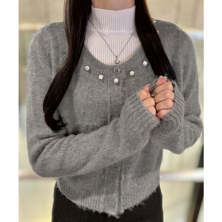 パールビジューネックニットカーディガン（薄手） | JUNOAH | 詳細画像12 