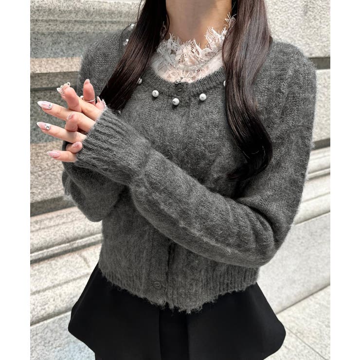 チャコール | パールビジューネックニットカーディガン（薄手） | JUNOAH