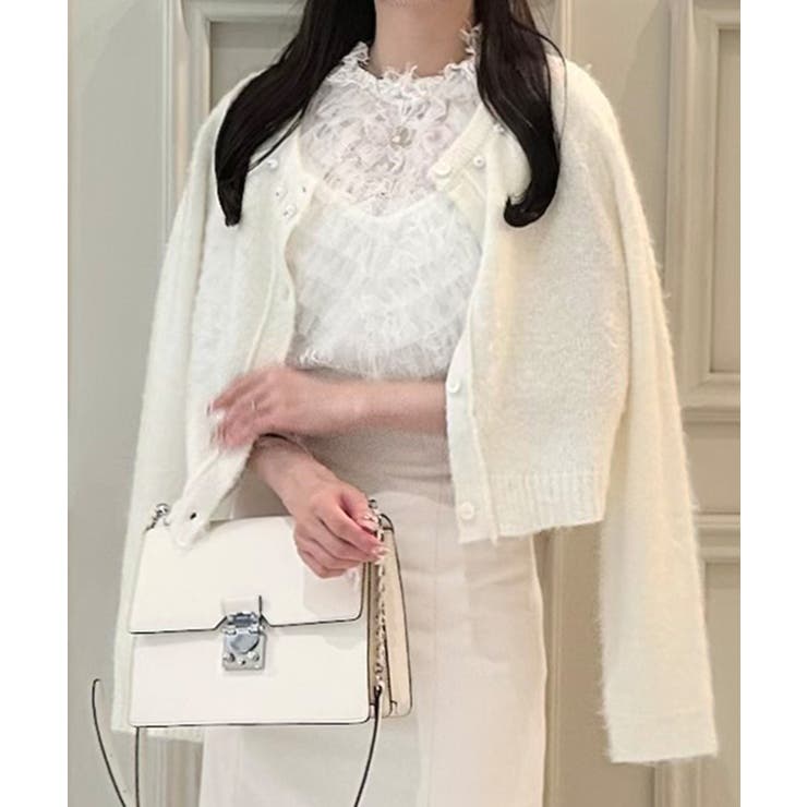 ホワイト | パールビジューネックニットカーディガン（薄手） | JUNOAH