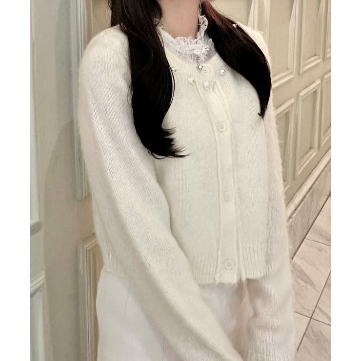 パールビジューネックニットカーディガン（薄手） | JUNOAH | 詳細画像6 