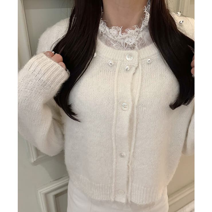 パールビジューネックニットカーディガン（薄手） | JUNOAH | 詳細画像7 