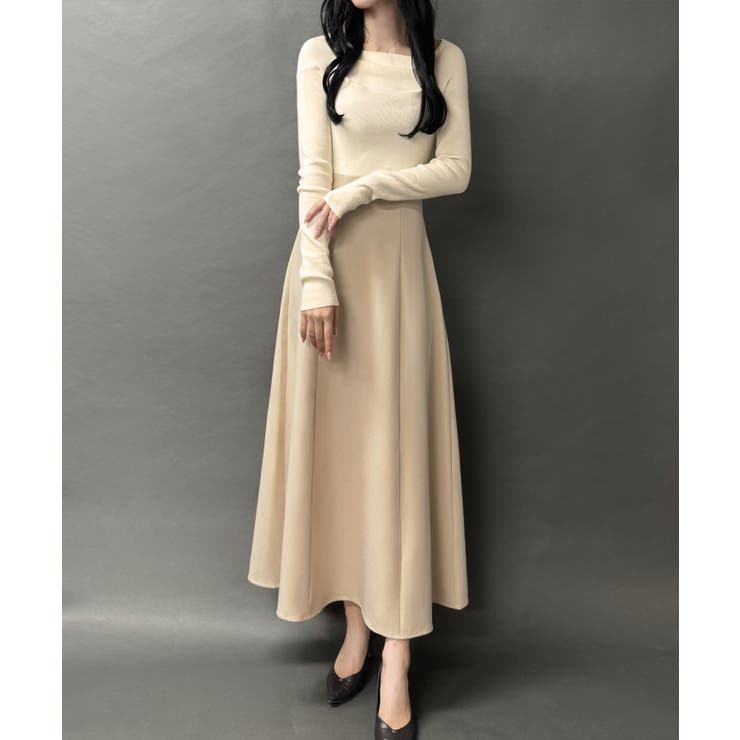 アイボリー | ドッキングニットフレアワンピース【ペチスカートセット】 | JUNOAH