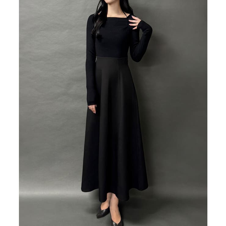 ブラック | ドッキングニットフレアワンピース【ペチスカートセット】 | JUNOAH