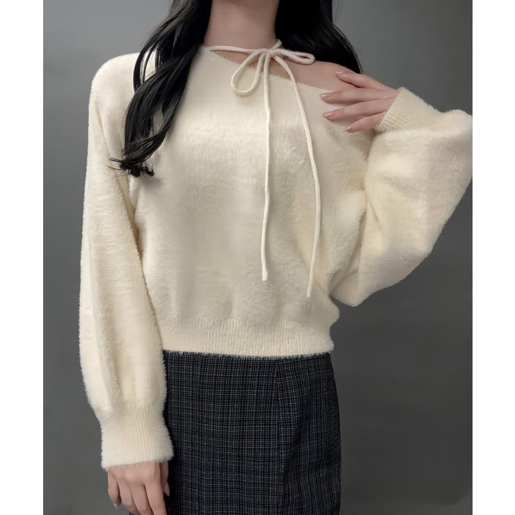 【紐取り外し可能】ワンショルチョーカーシャギーニットトップス | JUNOAH | 詳細画像1 